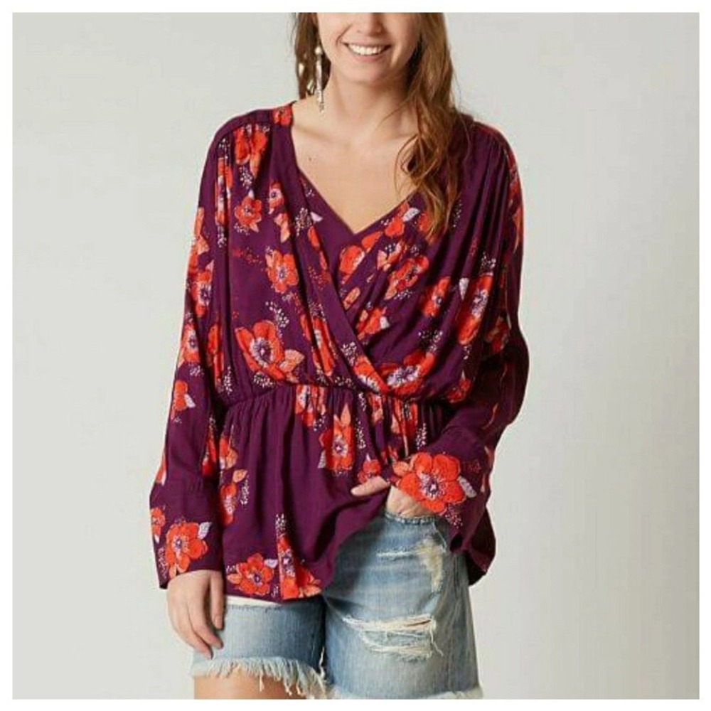 Free People Tuscan Dream Plum Purple Floral Surplice Elastic Waist Sleeve Top XS